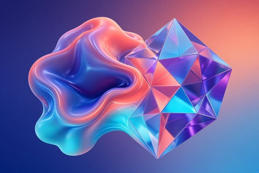 An abstract sculptural form in blue and coral, freely composed