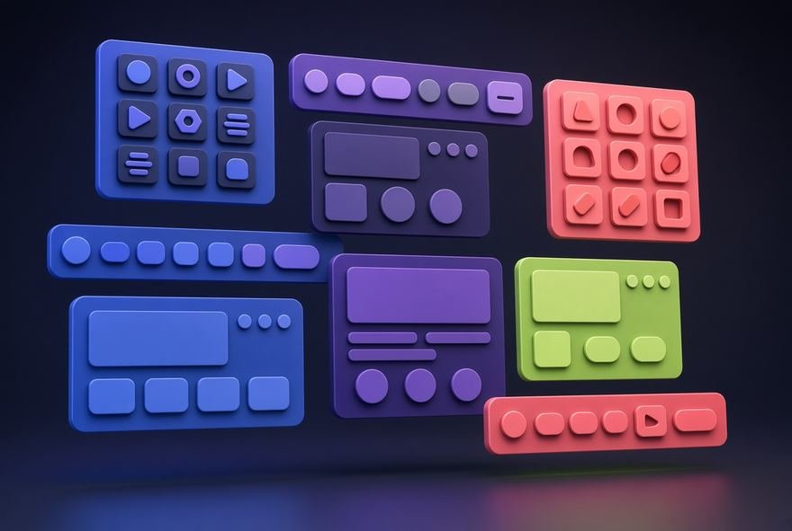 Interface building blocks in flat colour, arranged as modular parts