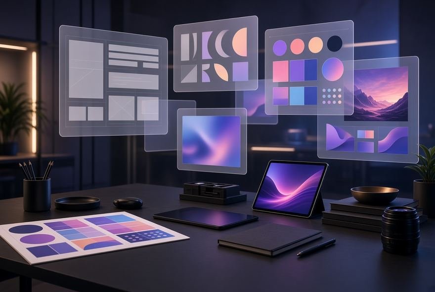 A designer's workspace with layouts and colour swatches open across three screens