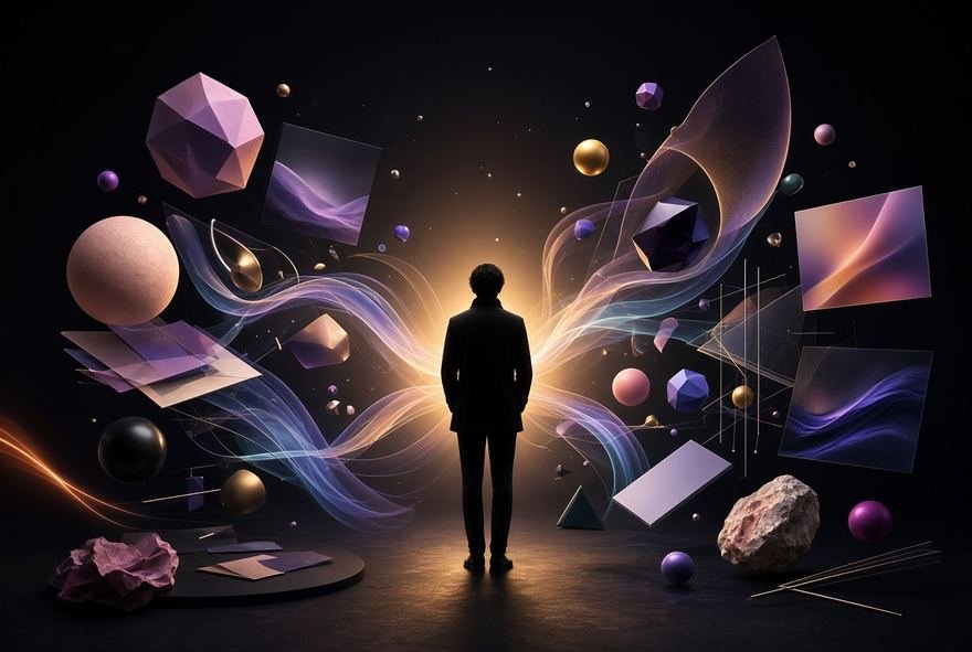 A figure standing among floating geometric forms, choosing a direction