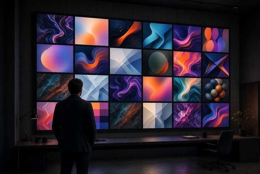 A person reviewing a large wall of generated image variations