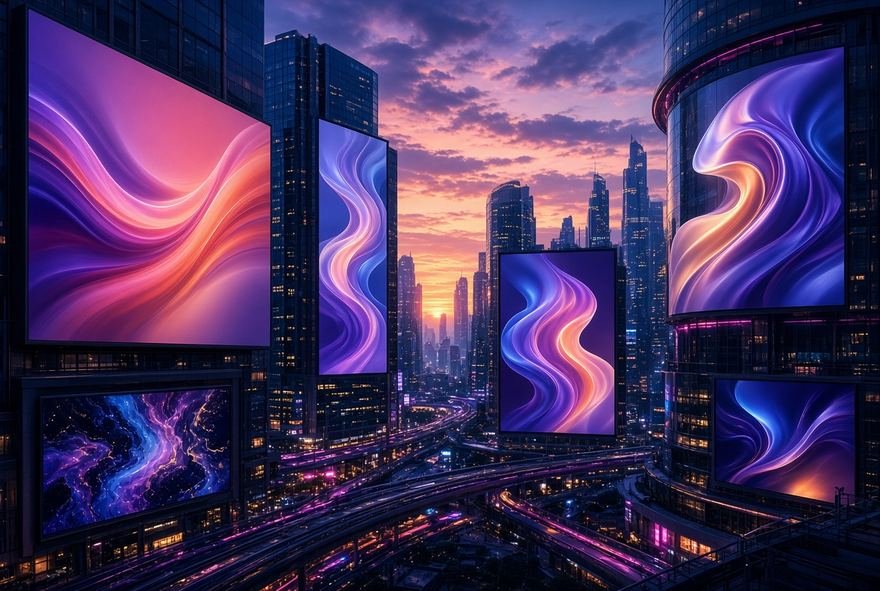 A city skyline at dusk rendered across large display panels