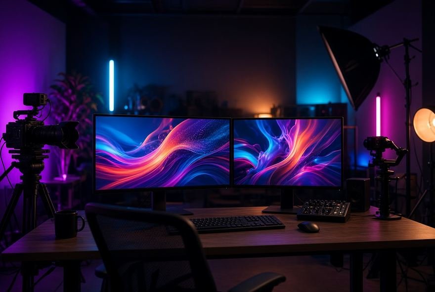 An edit suite with motion footage running across three monitors