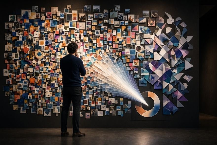 A person before a wall of thousands of small generated tiles