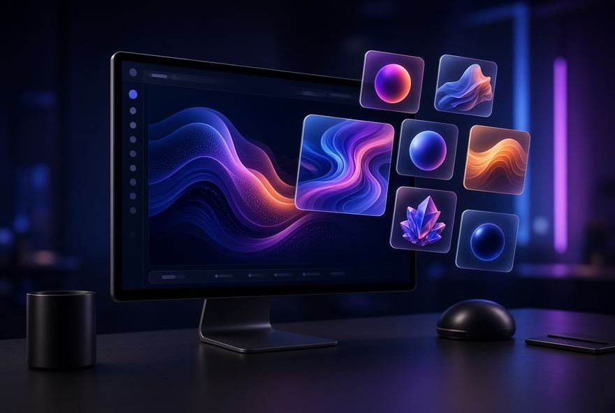 Interface screens arranged in depth on a dark studio ground