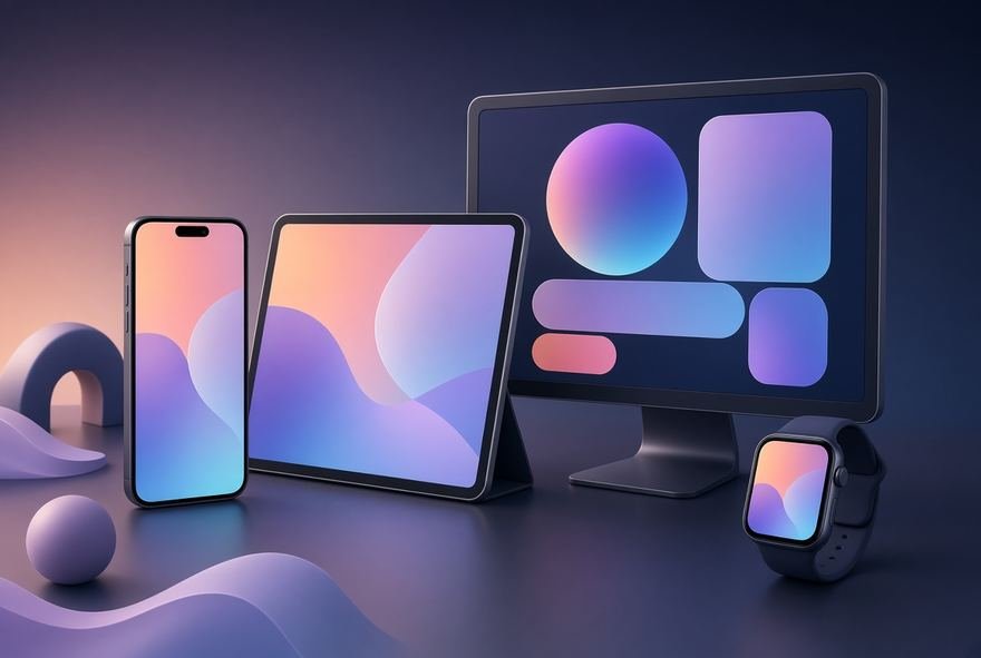 A responsive layout shown across phone, tablet and desktop